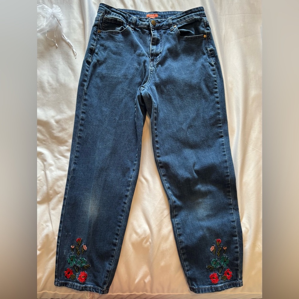 Modcloth Dark Blue Straight Leg Jeans with Floral Embroidery